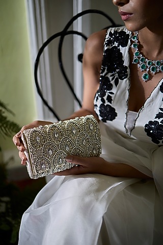 Silver Ivory Vegan Leather Sequins Embroidered Clutch by AYE VI