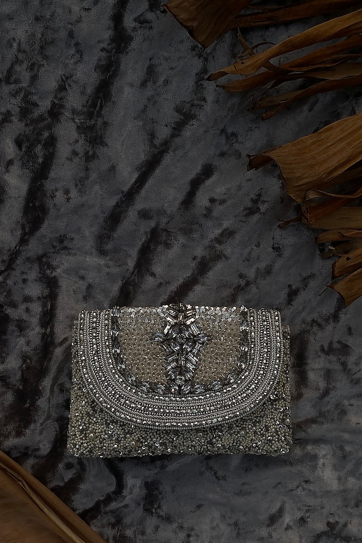 Ivory Silk Velvet Pearl & Zardosi Embellished Pochette Bag by AYE VI at Pernia's Pop Up Shop