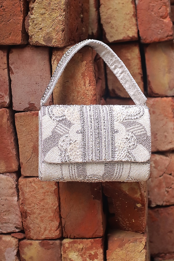 Bone White Silk Velvet Sequins & Zardosi Embellished Minaudiere Bag by AYE VI at Pernia's Pop Up Shop