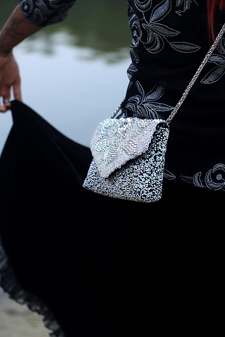 Black Silk Velvet Mirror Embellished Pochette Bag by AYE VI at Pernia's Pop Up Shop