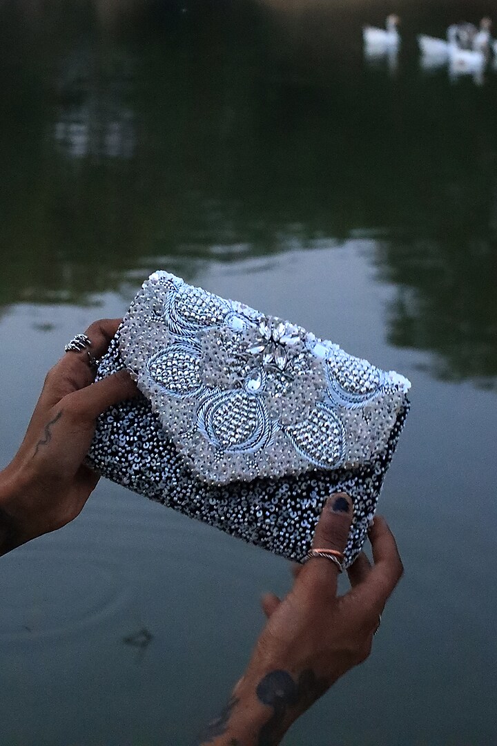Black Silk Velvet Mirror Embroidered Pochette by AYE VI at Pernia's Pop Up Shop