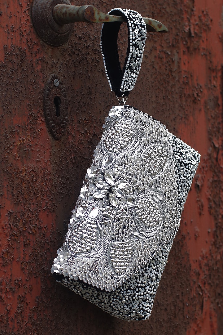 Black Silk Velvet Mirror Embroidered Pochette by AYE VI at Pernia's Pop Up Shop