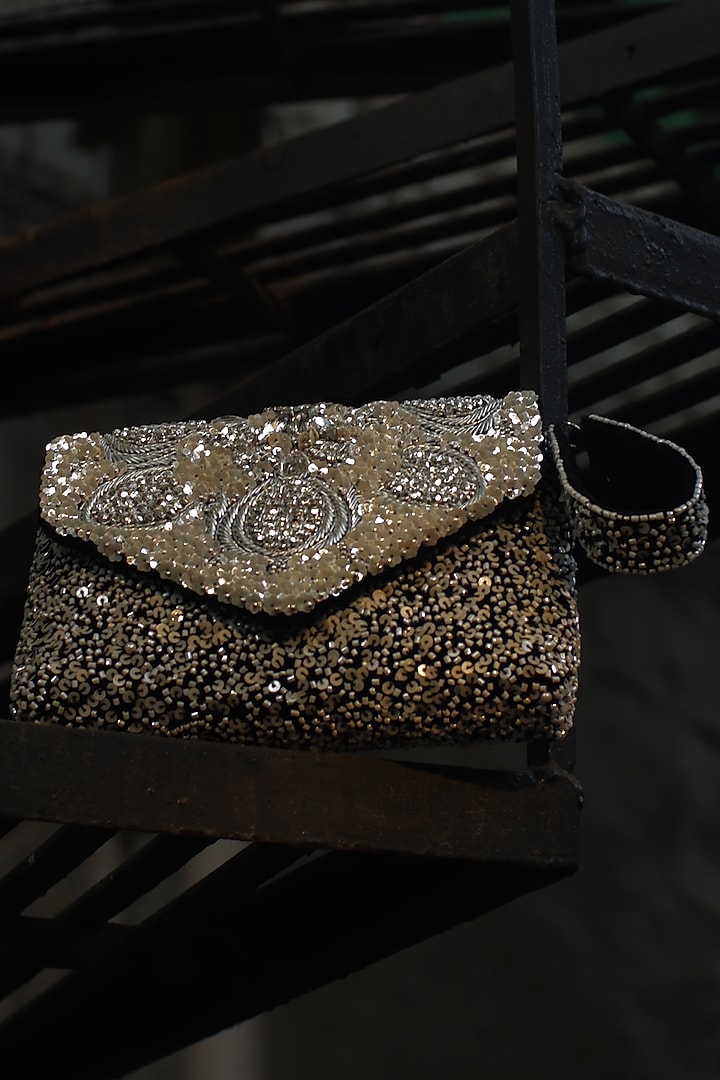 Black Silk Velvet Mirror Embroidered Pochette by AYE VI at Pernia's Pop Up Shop