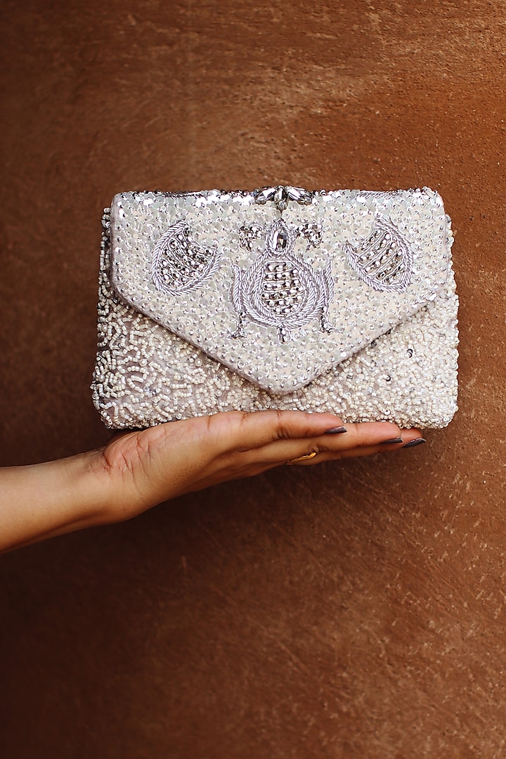 Ivory & Ice Grey Silk Velvet Mirror Embellished Pochette Bag by AYE VI at Pernia's Pop Up Shop