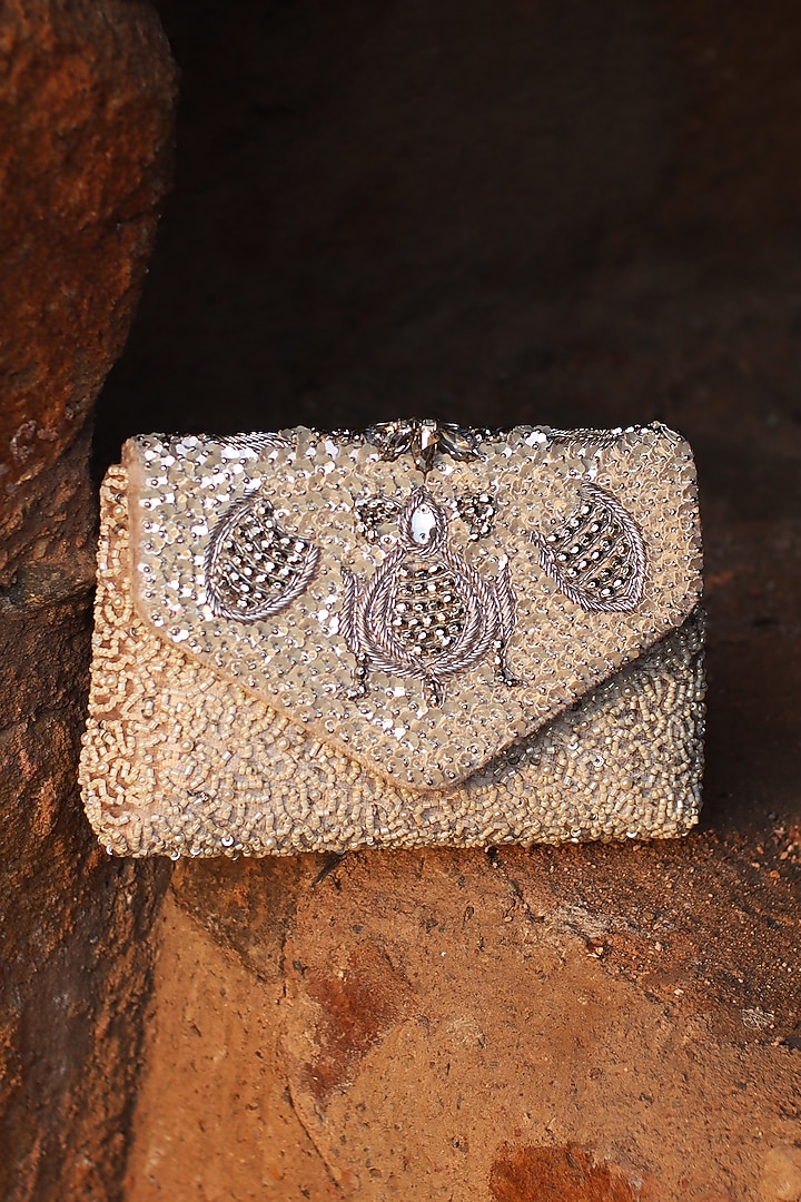 Ice Grey Silk Velvet Mirror Embroidered Pochette by AYE VI at Pernia's Pop Up Shop
