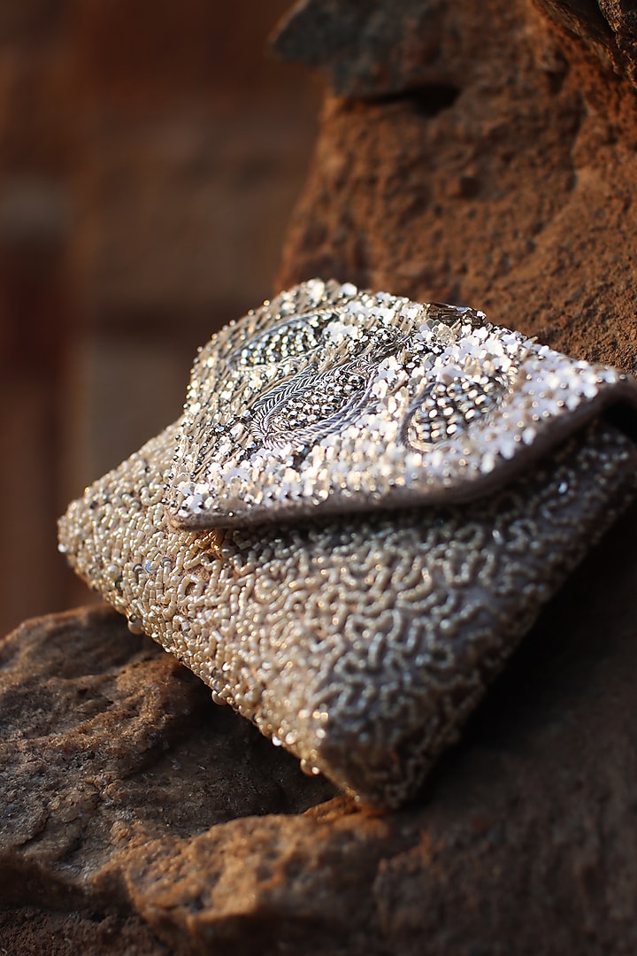 Ice Grey Silk Velvet Mirror Embroidered Pochette by AYE VI at Pernia's Pop Up Shop