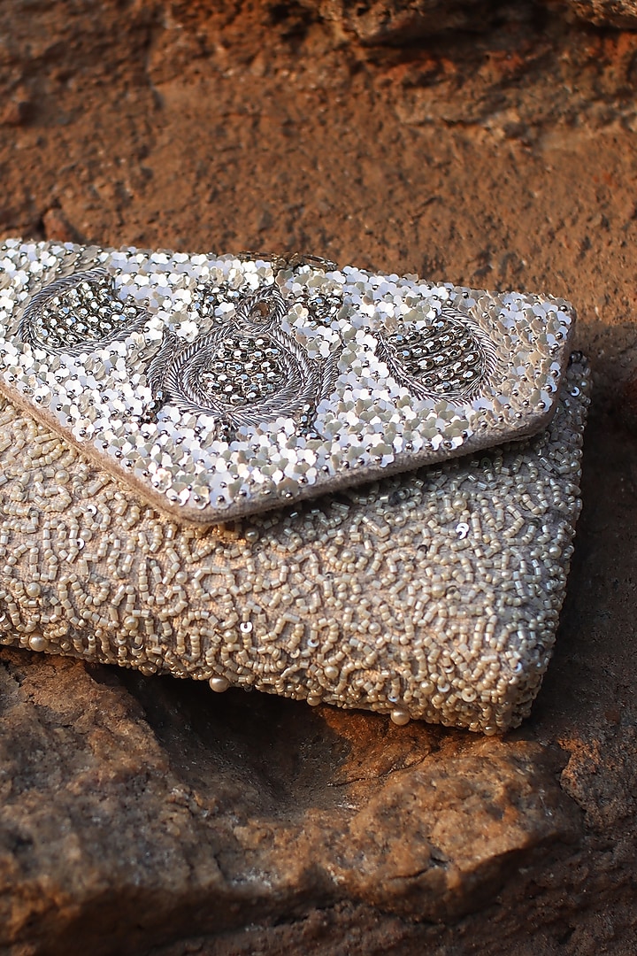 Ice Grey Silk Velvet Mirror Embroidered Pochette by AYE VI at Pernia's Pop Up Shop