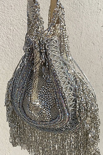 Silver Silk Velvet Potli Bag by AYE VI at Pernia's Pop Up Shop