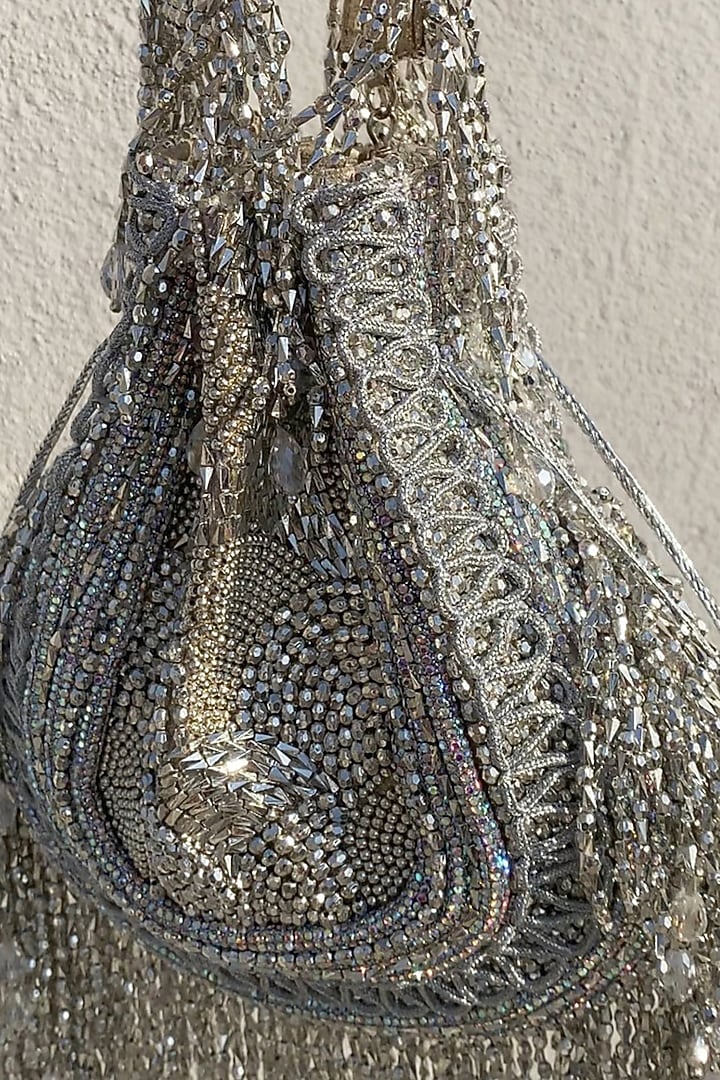 Silver Silk Velvet Potli Bag by AYE VI at Pernia's Pop Up Shop