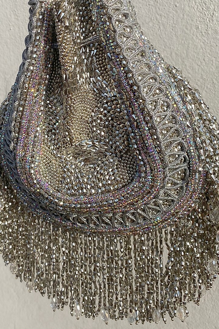 Silver Silk Velvet Potli Bag by AYE VI at Pernia's Pop Up Shop