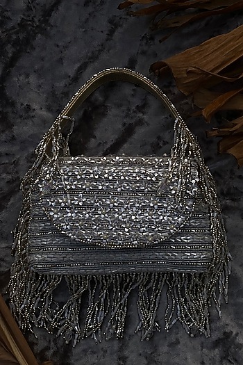 Silver Silk Velvet 3D Floral Sequin Embroidered Pochette by AYE VI at Pernia's Pop Up Shop