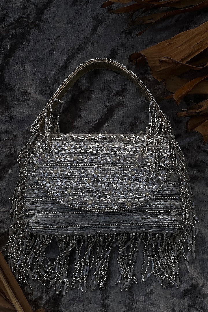 Silver Silk Velvet Pearl Embellished Pochette Bag by AYE VI at Pernia's Pop Up Shop