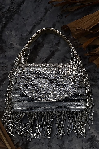 Silver Silk Velvet 3D Floral Sequin Embroidered Pochette by AYE VI