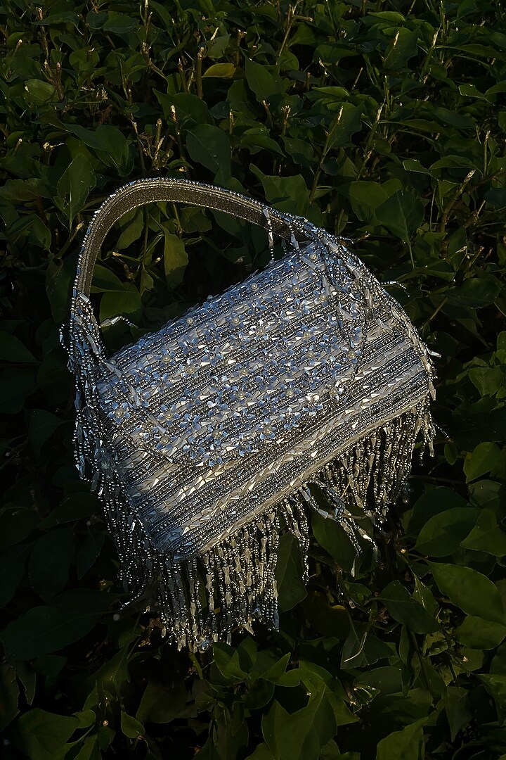 Silver Silk Velvet 3D Floral Sequin Embroidered Pochette by AYE VI at Pernia's Pop Up Shop