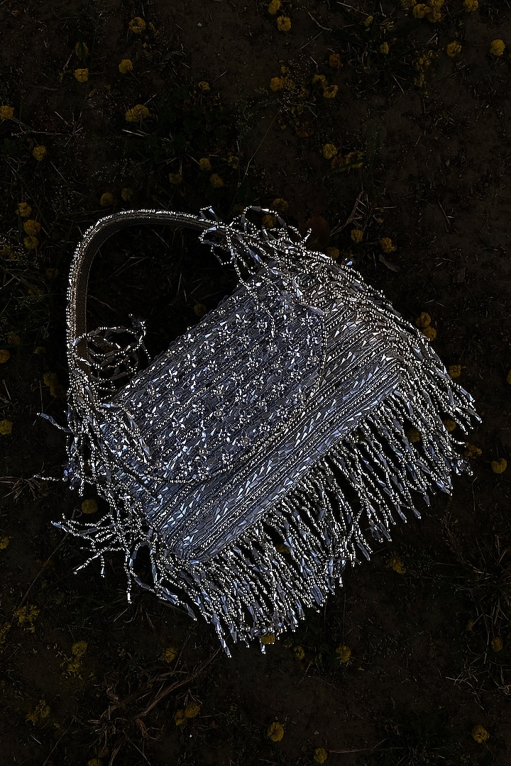 Silver Silk Velvet 3D Floral Sequin Embroidered Pochette by AYE VI at Pernia's Pop Up Shop