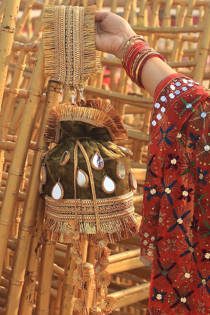 Mehendi Green Silk Velvet Gota Patti Hand Embroidered Bucket Bag by AYE VI at Pernia's Pop Up Shop