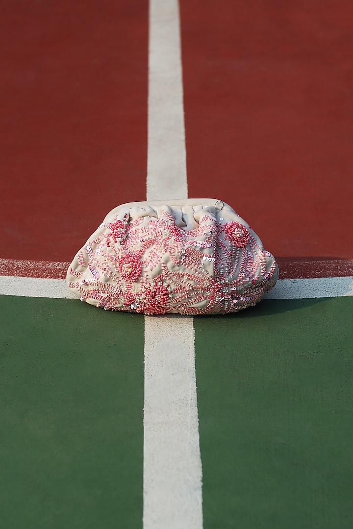 Whisper White & Pink Suede Velvet Hand Embroidered Clutch by AYE VI at Pernia's Pop Up Shop