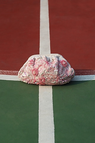 White & Pink Suede Velvet Sequins Hand Embroidered Clutch by AYE VI