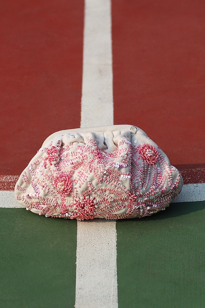 White & Pink Suede Velvet Sequins Hand Embroidered Clutch by AYE VI at Pernia's Pop Up Shop