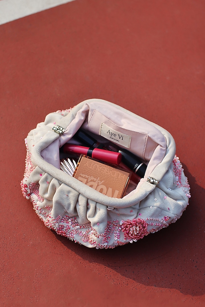 White & Pink Suede Velvet Sequins Hand Embroidered Clutch by AYE VI at Pernia's Pop Up Shop