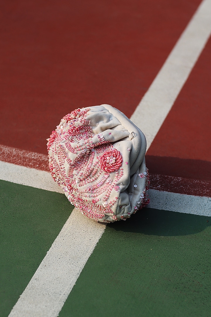 White & Pink Suede Velvet Sequins Hand Embroidered Clutch by AYE VI at Pernia's Pop Up Shop