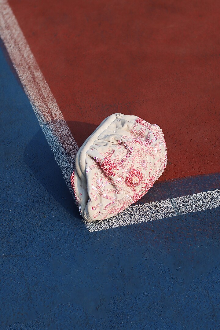 White & Pink Suede Velvet Sequins Hand Embroidered Clutch by AYE VI at Pernia's Pop Up Shop