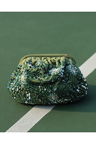 Green Suede Velvet Sequins Hand Embroidered Clutch by AYE VI