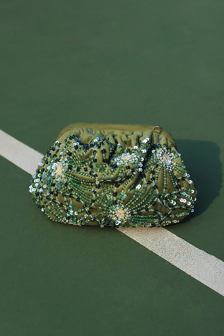 Green Suede Velvet Sequins Hand Embroidered Clutch by AYE VI at Pernia's Pop Up Shop