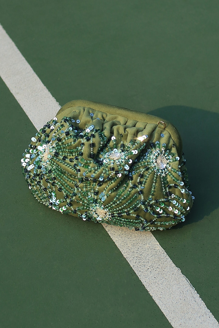 Green Suede Velvet Sequins Hand Embroidered Clutch by AYE VI at Pernia's Pop Up Shop