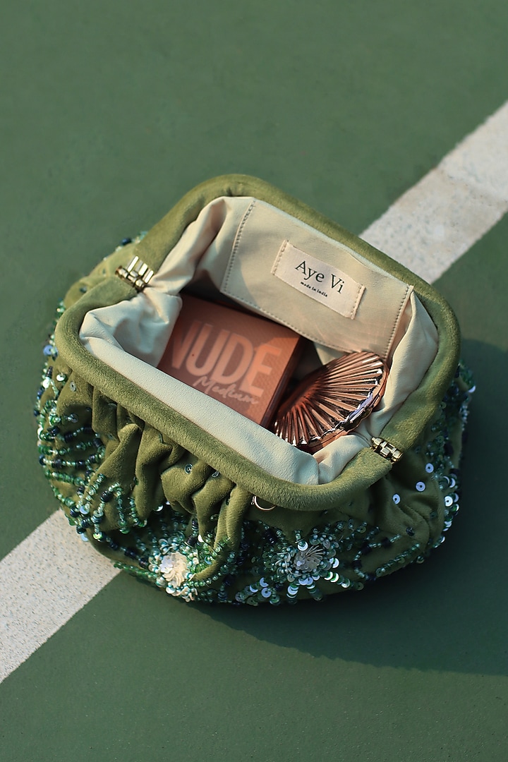 Green Suede Velvet Sequins Hand Embroidered Clutch by AYE VI at Pernia's Pop Up Shop