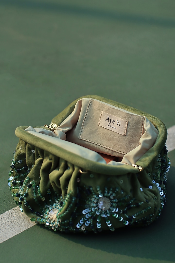 Green Suede Velvet Sequins Hand Embroidered Clutch by AYE VI at Pernia's Pop Up Shop