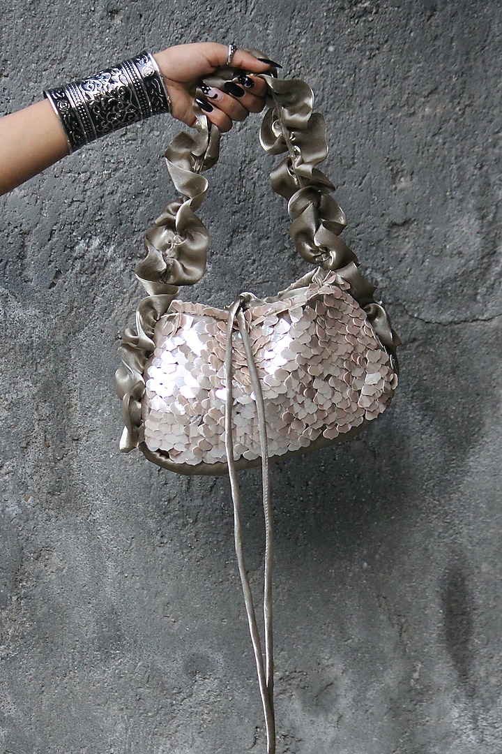 Metallic Taupe Silk Tissue Hand Embroidered Baguette Bag by AYE VI at Pernia's Pop Up Shop