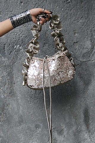Metallic Taupe Silk Tissue Hand Embroidered Baguette Bag by AYE VI
