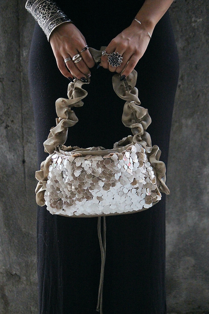 Metallic Taupe Silk Tissue Hand Embroidered Baguette Bag by AYE VI at Pernia's Pop Up Shop