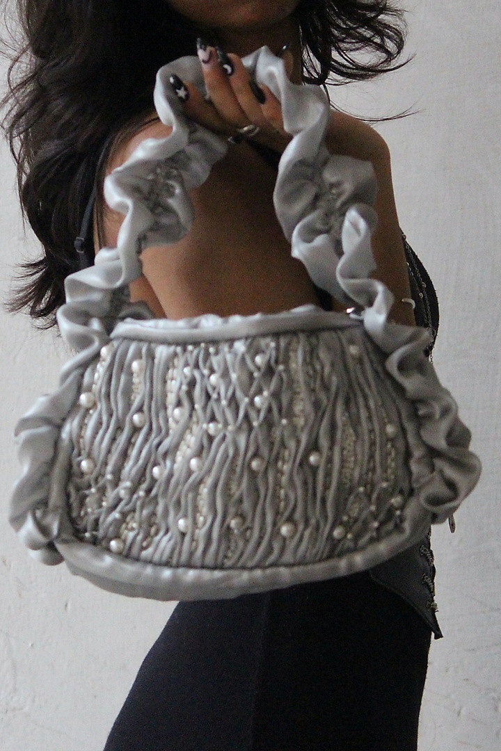 Icy Silver Grey Tissue Georgette Hand Embroidered Sculpted Arm Bag by AYE VI at Pernia's Pop Up Shop