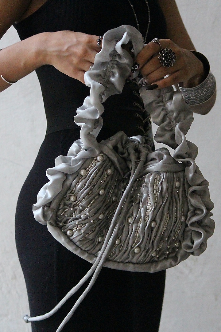 Icy Silver Grey Tissue Georgette Hand Embroidered Sculpted Arm Bag by AYE VI at Pernia's Pop Up Shop