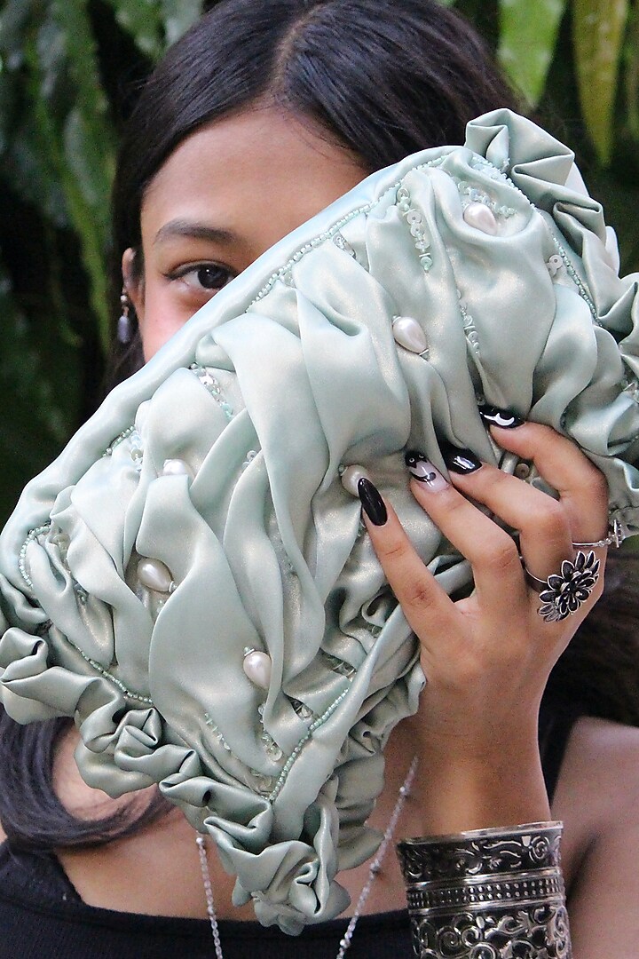 Matcha Green Satin Tissue Hand Embroidered Sculpted Arm Bag by AYE VI at Pernia's Pop Up Shop