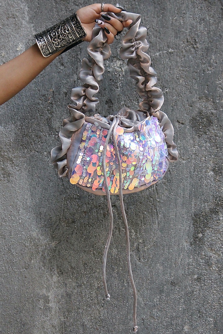 Holographic-Colored Silk Organza Hand Embroidered Baguette Bag by AYE VI at Pernia's Pop Up Shop