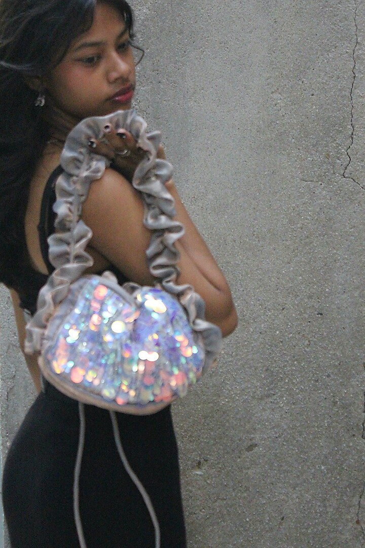 Holographic-Colored Silk Organza Hand Embroidered Baguette Bag by AYE VI at Pernia's Pop Up Shop