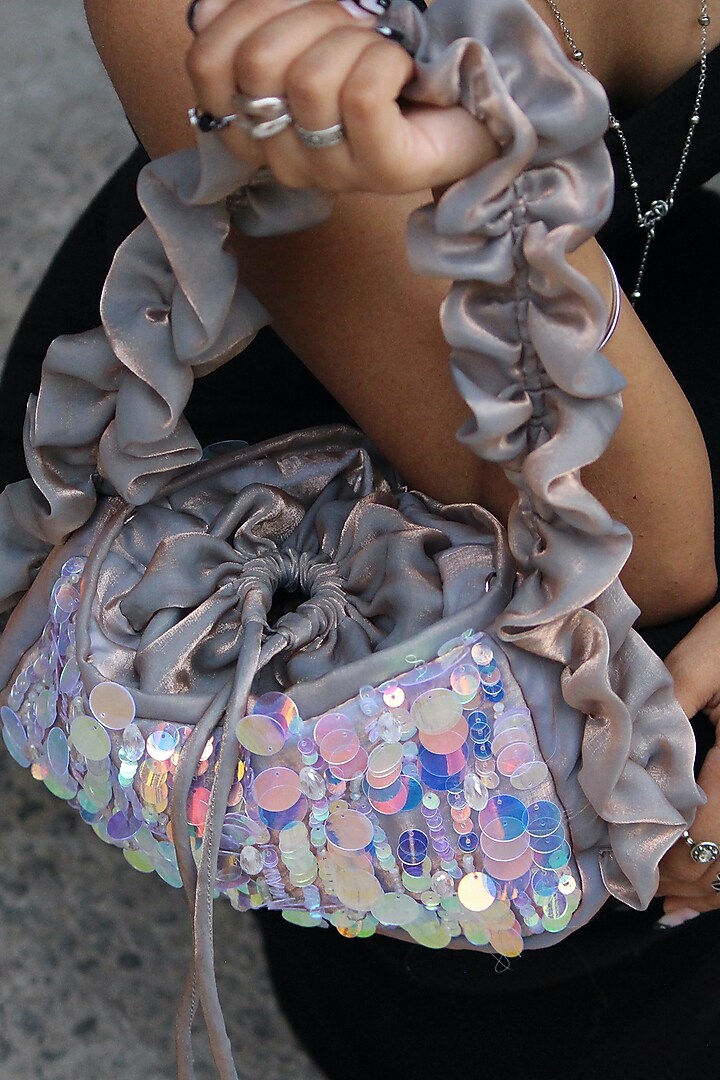 Holographic-Colored Silk Organza Hand Embroidered Baguette Bag by AYE VI at Pernia's Pop Up Shop