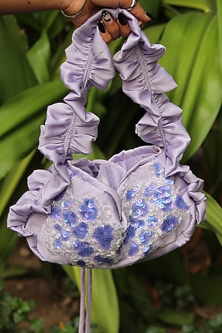 Lavender Silk Satin Hand Embroidered Baguette Bag by AYE VI