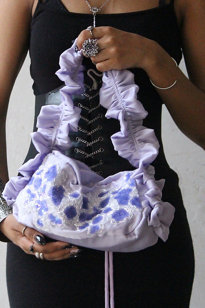 Lavender Silk Satin Hand Embroidered Baguette Bag by AYE VI at Pernia's Pop Up Shop