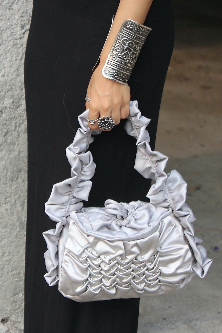 Ice Grey Silk Duchess Satin Sculpted Arm Bag by AYE VI at Pernia's Pop Up Shop
