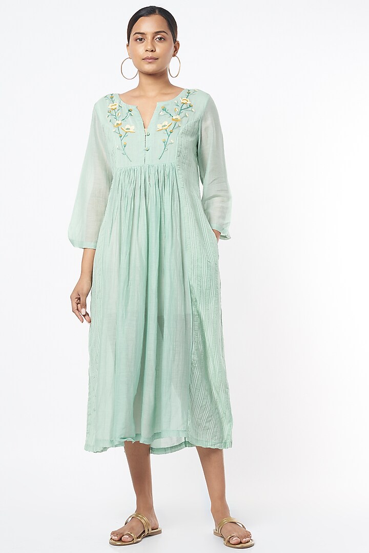 Mint Hand Embroidered Multi-Paneled Summer Dress by AYAKA at Pernia's Pop Up Shop