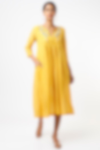Mustard Embroidered Multi-Paneled Dress by AYAKA