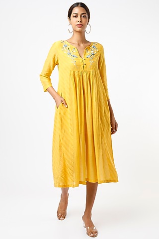 Mustard Embroidered Multi-Paneled Dress by AYAKA