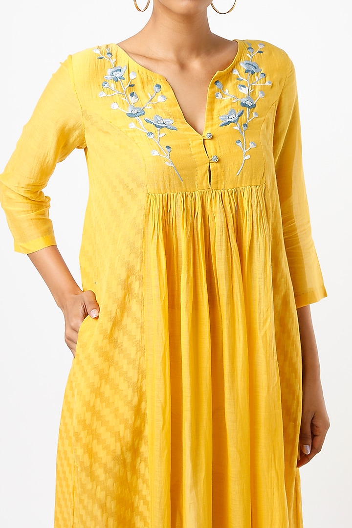 Mustard Embroidered Multi-Paneled Summer Dress by AYAKA at Pernia's Pop Up Shop
