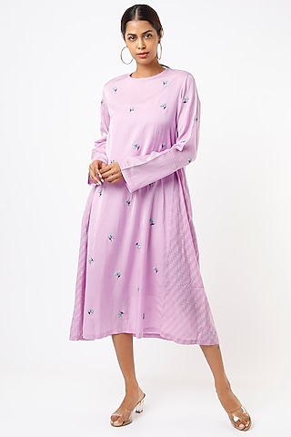 Purple Hand Embroidered A-Line Dress by AYAKA