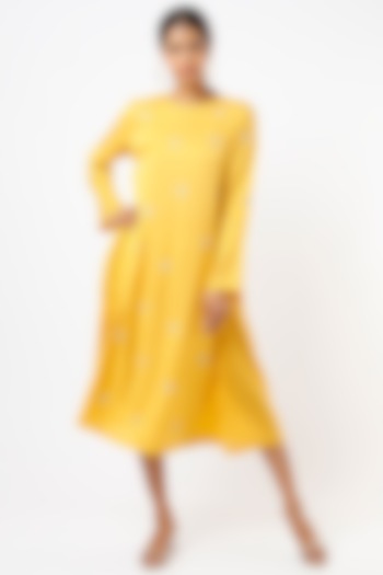 Mustard Hand Embroidered A-Line Dress by AYAKA