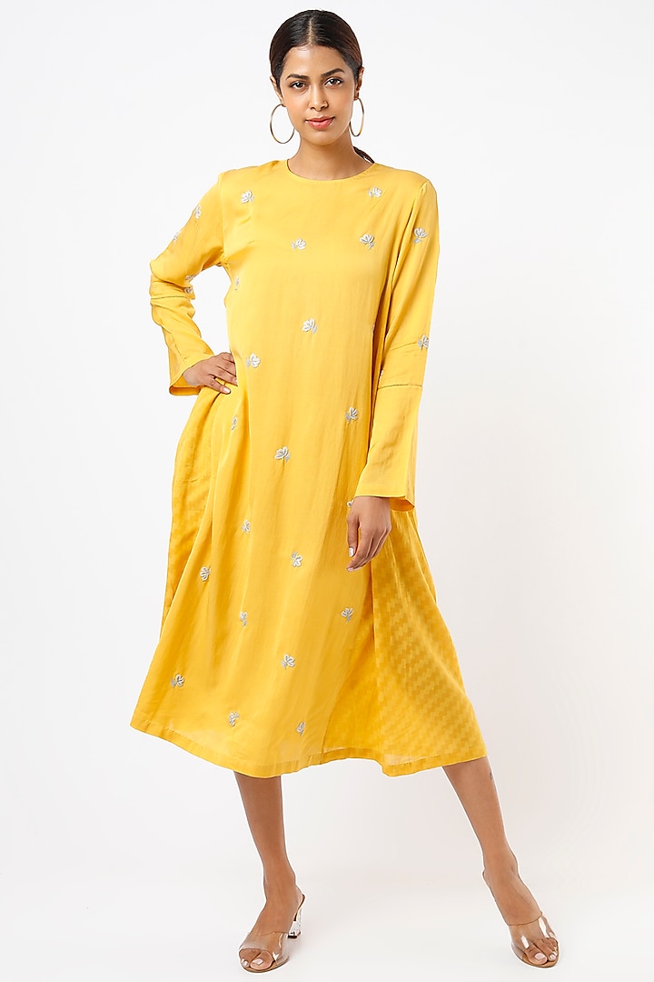 Mustard Hand Embroidered A-Line Dress by AYAKA